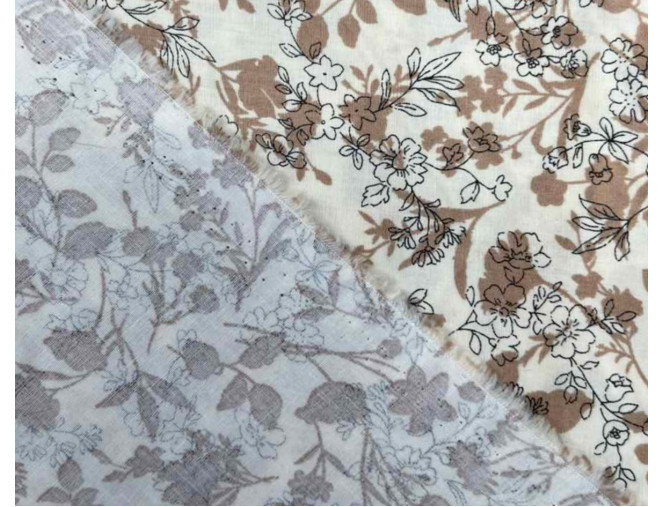 Poplin fabric Brown floral patterns in beige pigiau