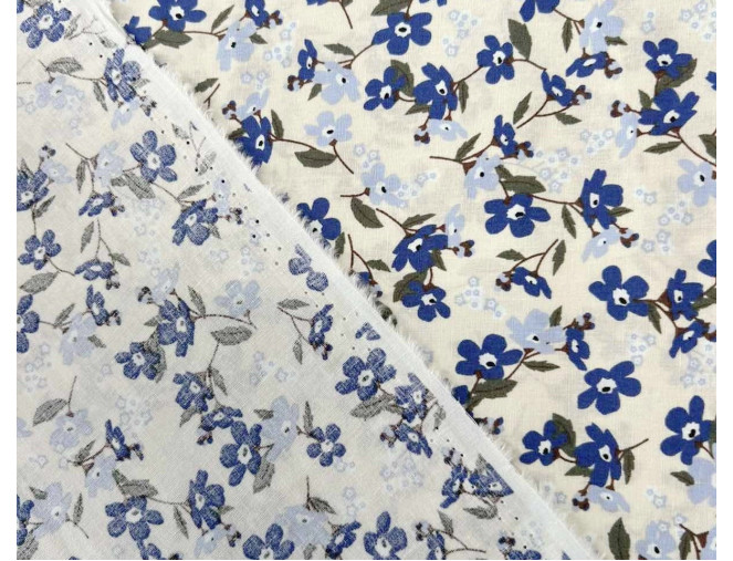 Poplin audinys Mėlynos gėlytės gelsvame pigiau