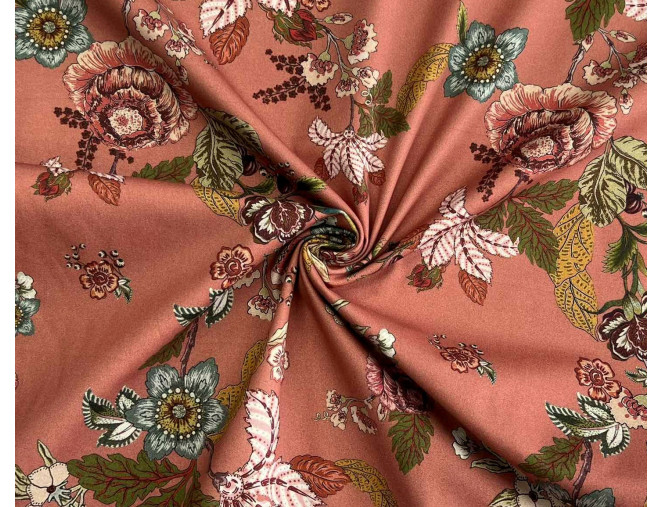 Medvilninis audinys su elastanu Gėlės persikiniame BROKUOTAS