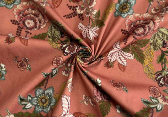 Medvilninis audinys su elastanu Gėlės persikiniame BROKUOTAS