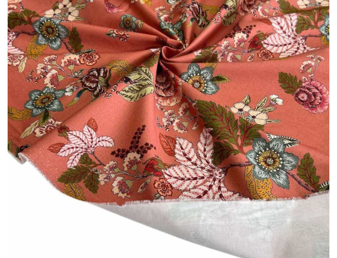 Medvilninis audinys su elastanu Gėlės persikiniame BROKUOTAS internetu