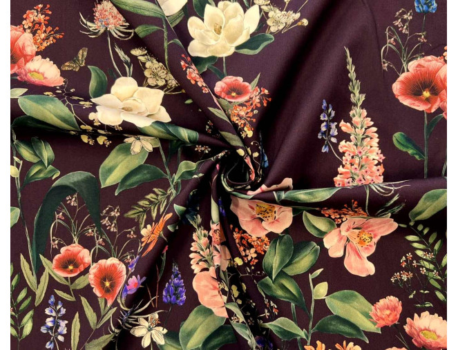 Medvilninis audinys su elastanu Gėlės bordo