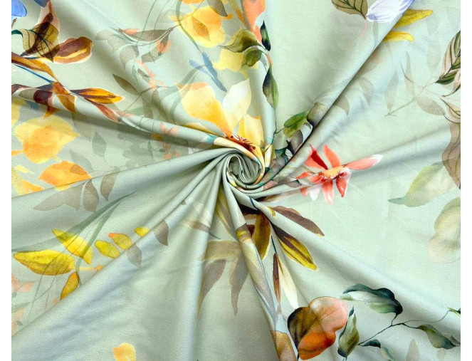 Cotton fabric with elastane Flowers in teal