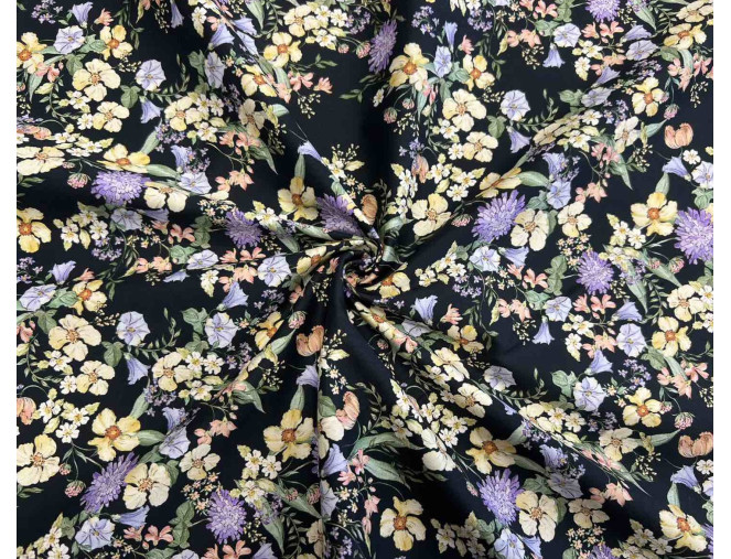 Cotton fabric with elastane Yellow flowers in black