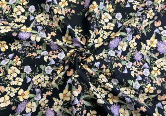 Medvilninis audinys su elastanu Geltonos gėlės juodame