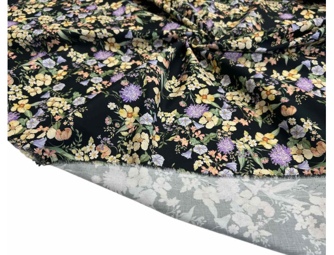 Cotton fabric with elastane Yellow flowers in black internetu