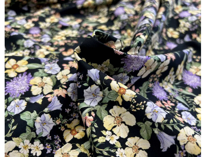 Cotton fabric with elastane Yellow flowers in black pristatymas per 1-4 d.d.