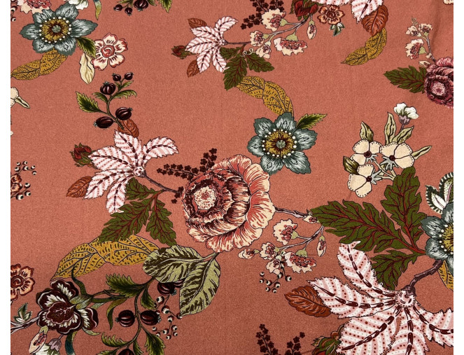 Medvilninis audinys su elastanu Gėlės persikiniame BROKUOTAS