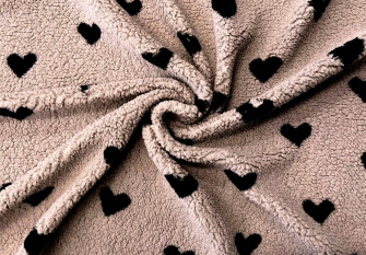 Teddy fabric Black hearts in cocoa