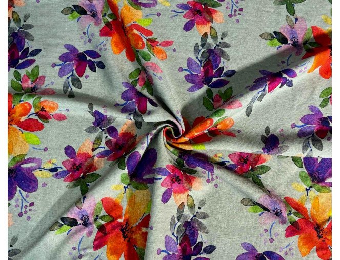 Linen with viscose Bright flowers in teal