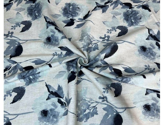 Linen with viscose Blue flowers in grey