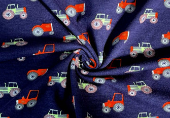 Medvilninis trikotažas (jersey) Traktoriai tamsiai mėlyname