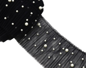 Plisuota juostelė su perliukais 90mm Juoda