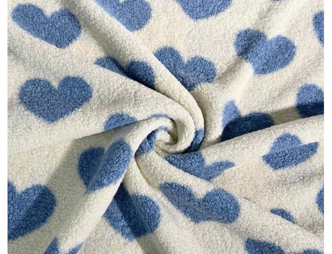 Teddy fabric Blue hearts on cream background