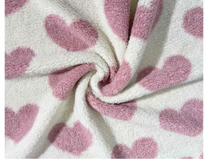 Teddy fabric Pink hearts in cream
