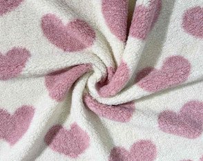 Teddy fabric Pink hearts in cream Teddy fabric Pink hearts in cream