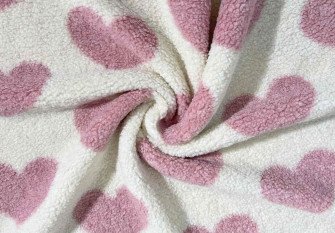Teddy fabric Pink hearts in cream